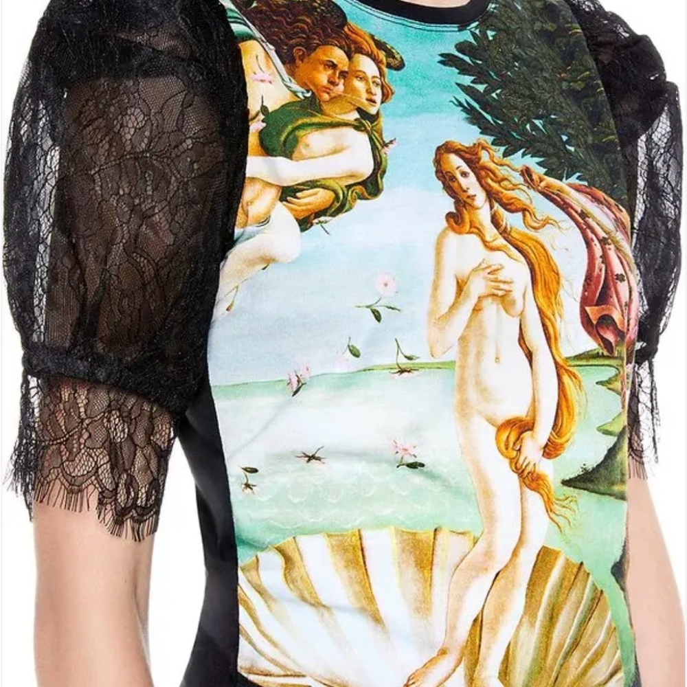 Alice + Olivia Artistic Print Top with Black Lace Sleeves